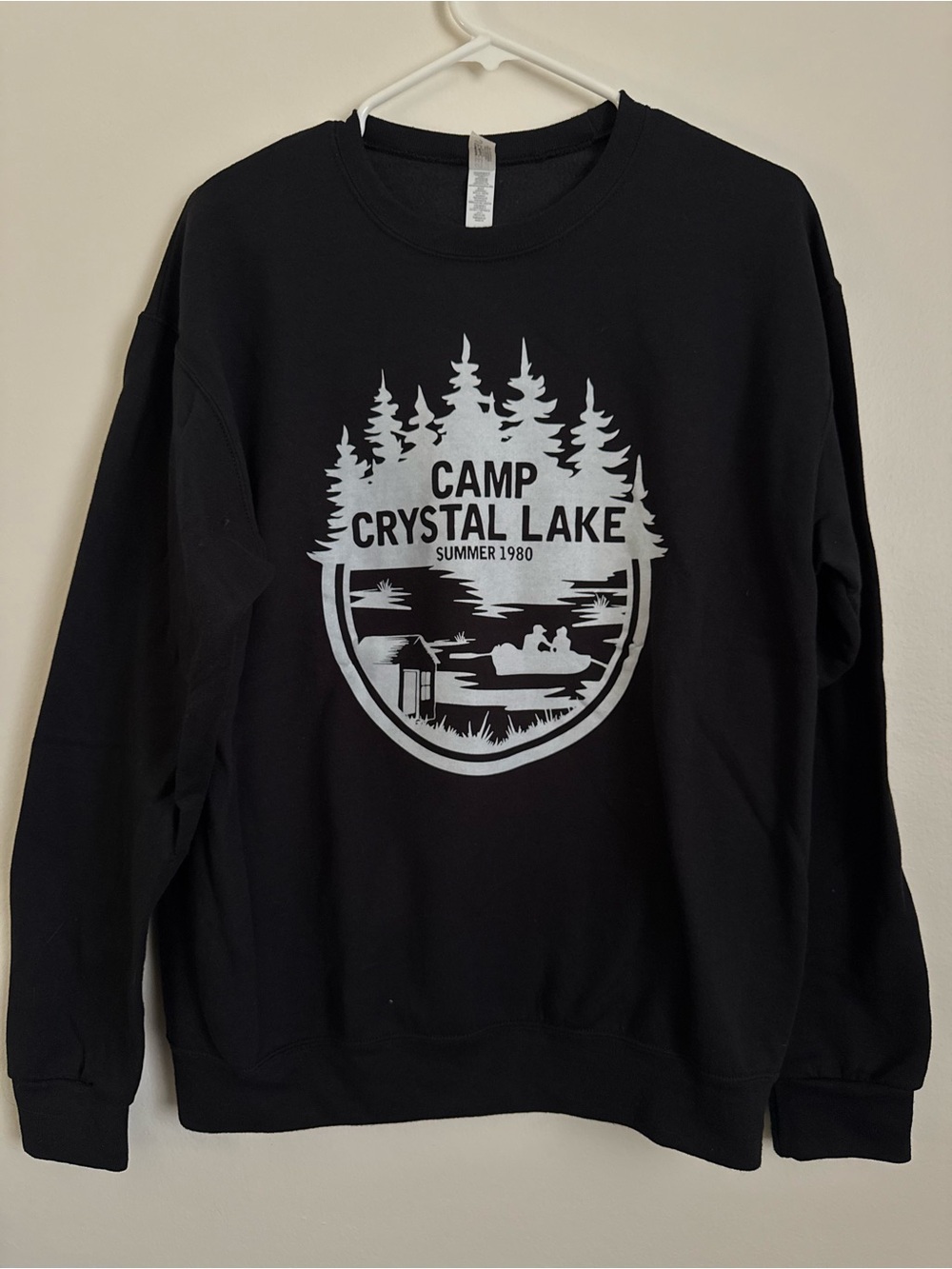 Jerzees Black Crewneck Sweater with White Camp Crystal Lake Graphic
